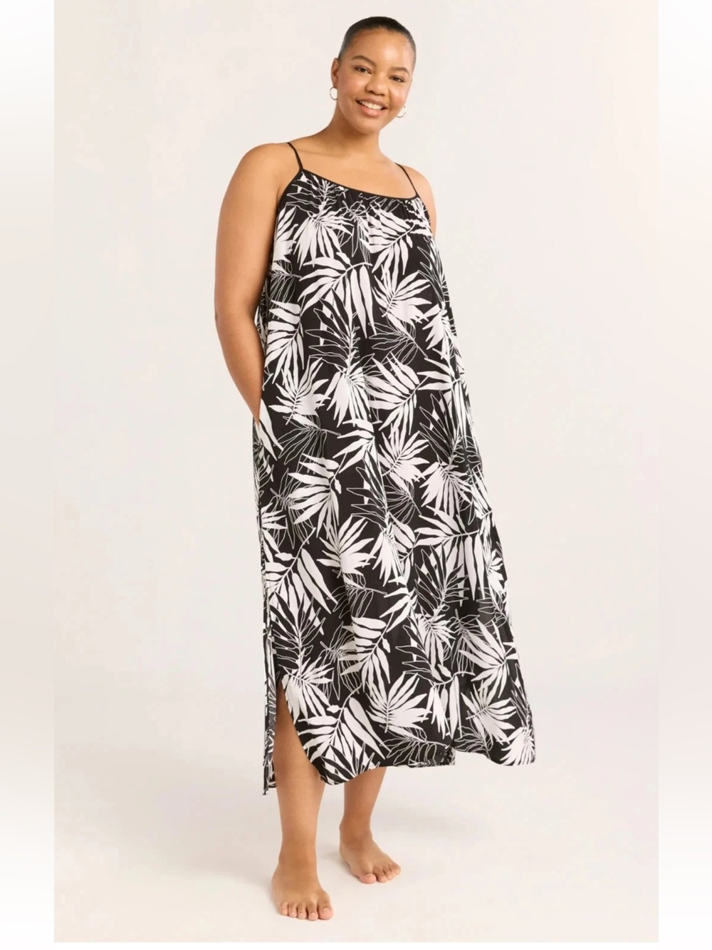 JoySpun Midi Long Nightgown/Straps Black White Floral Print